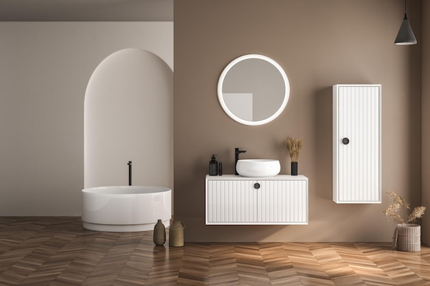 Modern bathroom interior with beige wall white basin with oval mirror bathtub and parquet. 3D render