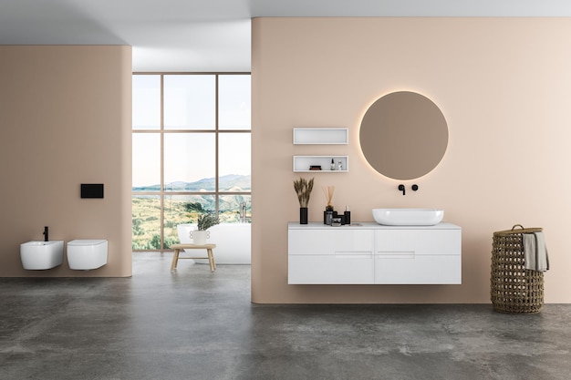Современный интерьер ванной комнаты с бежевыми стенами, керамическим тазом с овальным зеркалом, ванной и бетоном