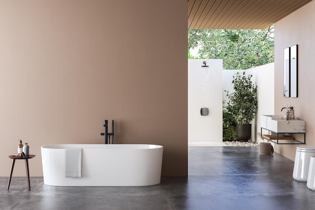 Modern bathroom interior with beige walls, marble basin with double mirror, bathtub and concrete.