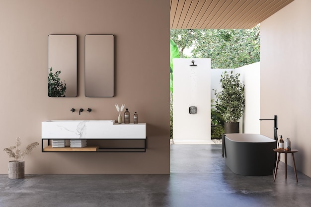 Modern bathroom interior with beige walls, marble basin with double mirror, bathtub and shower.