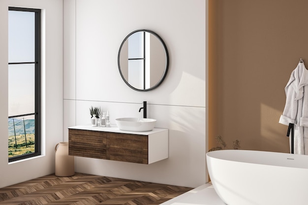 Modern bathroom interior with beige walls white sink with oval mirror bathtub and parquet floor Minimalist bright bathroom with modern furniture Side view3D rendering