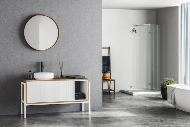 파란색 배경의 콘크리트 바닥 흰색 욕조 샤워기 및 세면대 측면 전망을 갖춘 현대적인 욕실 인테리어 현대적인 가구 3D 렌더링을 갖춘 미니멀한 욕실