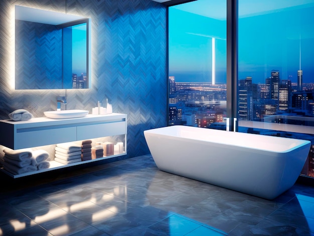 Современный интерьер ванной с видом на город в ночное время синий оттенок концепция роскошной жизни генеративный ИИ