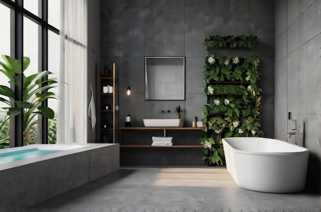 Foto interno moderno del bagno con pavimento in cemento vasca da bagno ovale bianca e pianta da doccia a bacino bianco