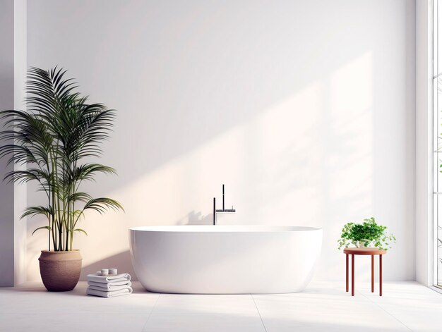 Foto interno moderno del bagno con una vasca da bagno indipendente piante verdi e luce naturale su uno sfondo bianco semplice che incarna un concetto di design minimalista generative ai