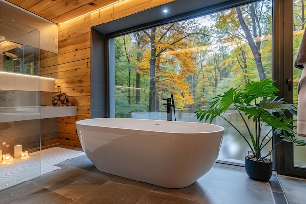 Foto interno moderno del bagno con vista sul lago e sulla foresta d'autunno