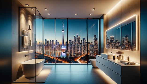 Современный интерьер ванной комнаты с большими окнами, откуда открывается вид на ночной Торонто