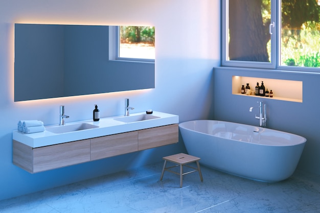 Foto interno del bagno moderno con pavimento in marmo