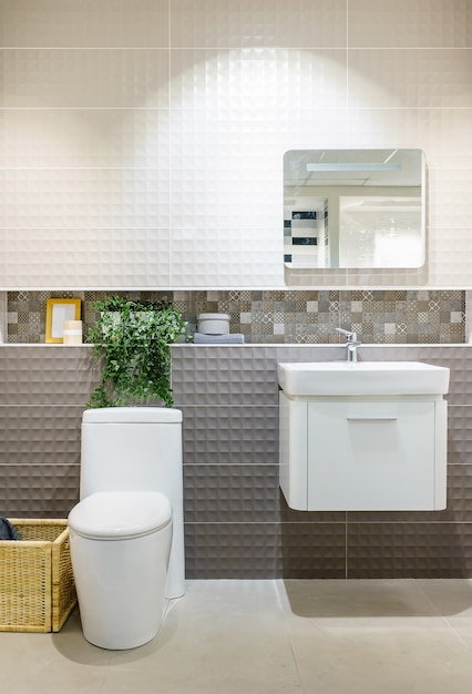 Modern bathroom interior with modern countertop basin, toilet and mirror