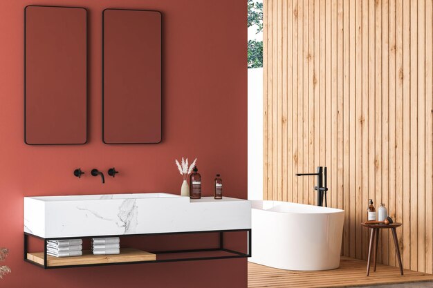 Modern bathroom interior with red and wooden walls, marble basin with double mirror, bathtub, shower