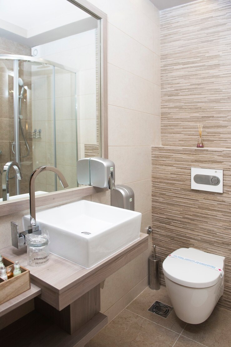 Modern bathroom interior with sink and toilet bowl