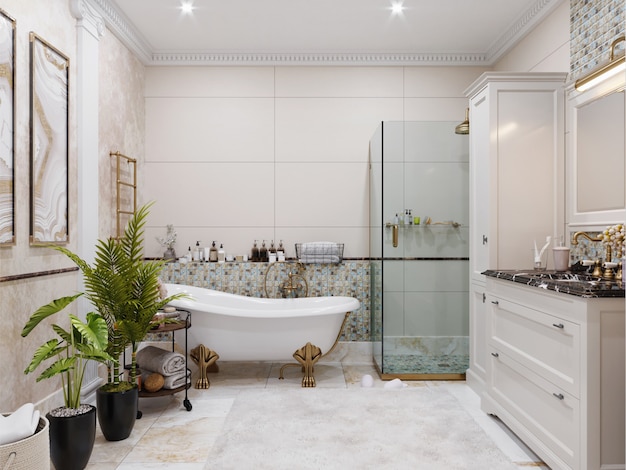 Modern bathroom interior with tiled walls and floor