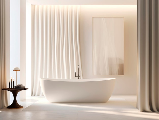 Modern bathroom interior with white walls tiled floor comfortable white bathtub and round mirror Generative AI