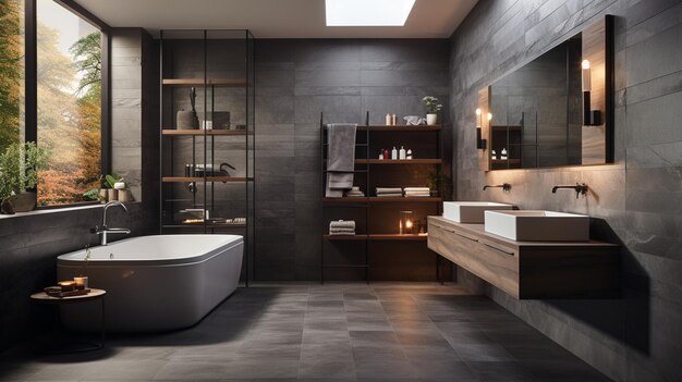 modern bathroom interior with white wooden floor bathtub shower tub with big mirror parquet bathroom with big window 3 d rendering
