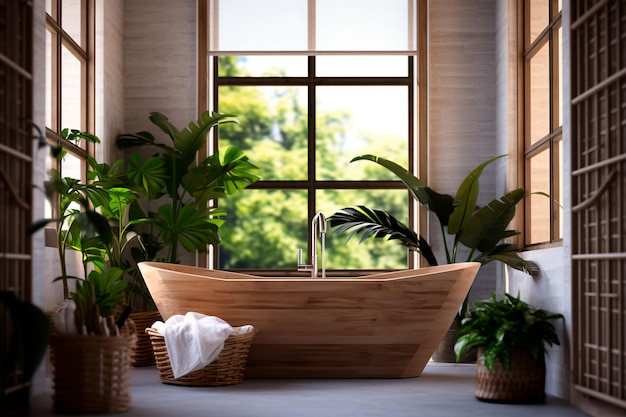 Modern bathroom interior with wooden bath tub greenery and a grid window