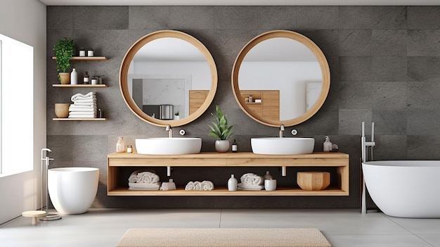 Modern bathroom interior with a wooden shelf Generative AI