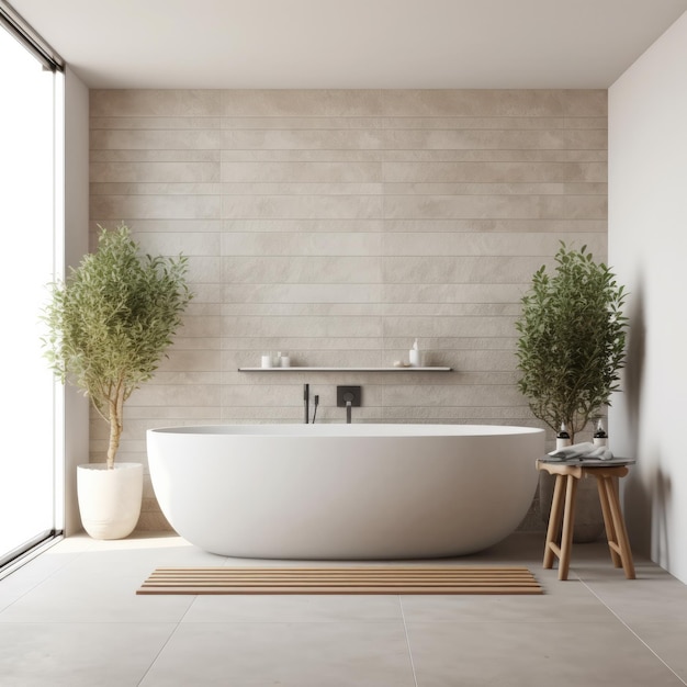 Modern bathroom interior with a wooden shelf two sinks standing on it a round mirror and a tub