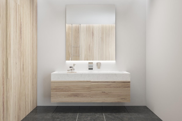 Modern bathroom interior with wooden walls, a black floor and a sink with a large mirror hanging above it. 3d rendering mock up