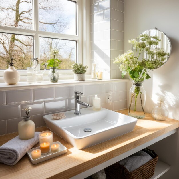 Modern bathroom in Scandinavian style with greenery and sunlight Bathroom design concept with white sink wooden countertop and white brick wall Generated AI