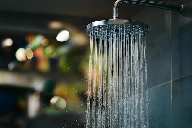 Modern bathroom shower head with blurred bokeh background