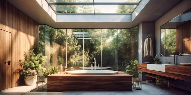 Modern bathroom with bathtub and skylight