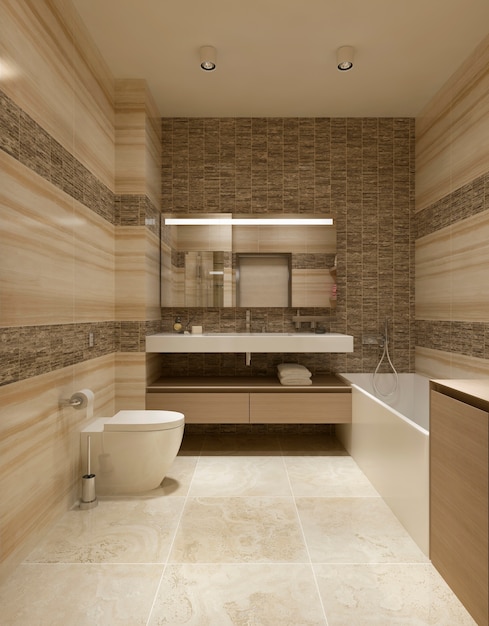 Modern bathroom with bathtub and toilet and masotic tiles with marble on the walls