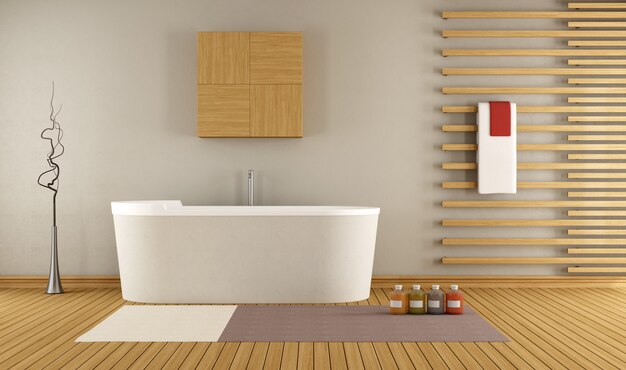 Modern bathroom with bathtub and wooden decoration