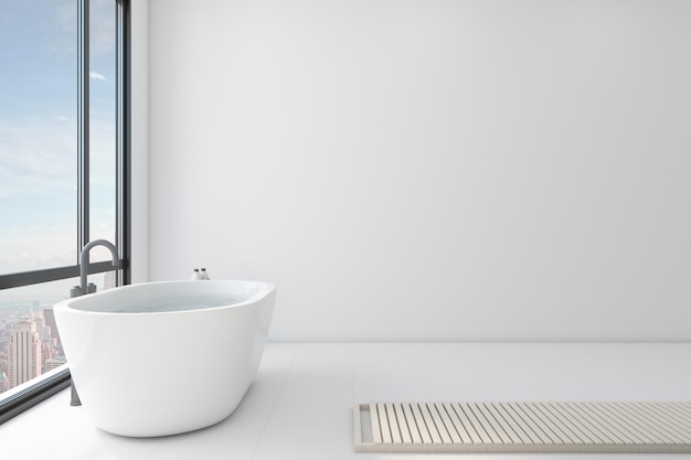 Modern bathroom with a blank white wall in the background panoramic window