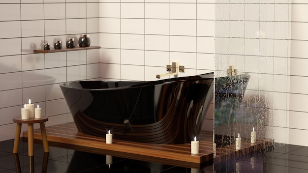 Modern bathroom with ceramic bath with candles. 