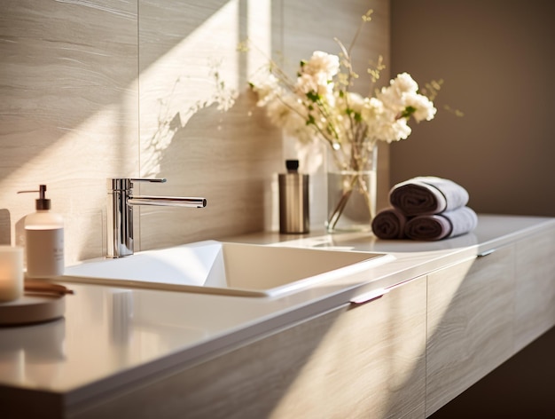 Modern bathroom with countertop basin big mirror and green accessories