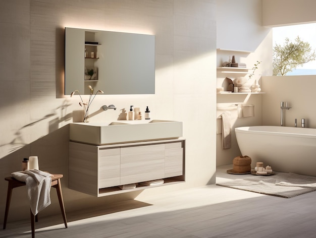 Modern bathroom with countertop basin big mirror and green accessories