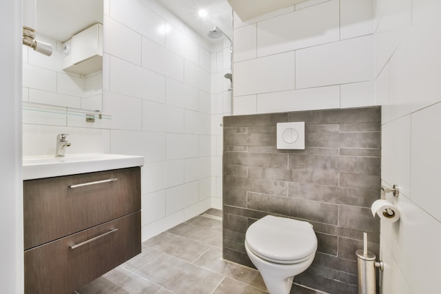 Modern bathroom with dark floor and white walls