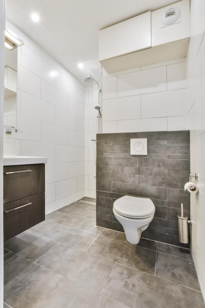 Modern bathroom with dark floor and white walls