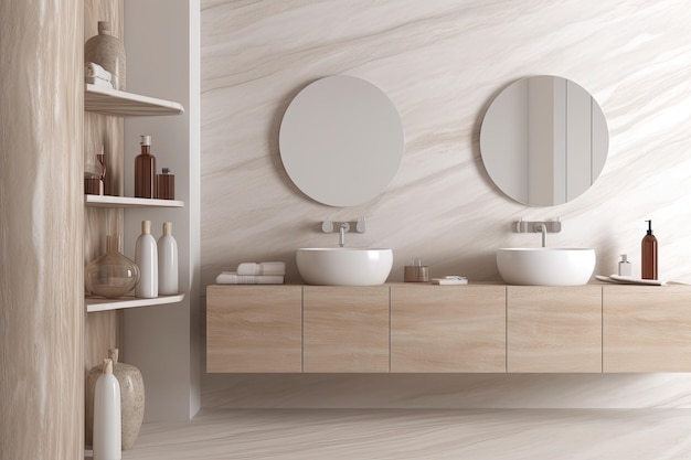 Современная ванная комната с двойной раковиной и зеркалами Generative AI