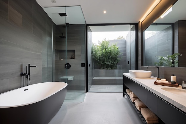 Modern bathroom with a freestanding bathtub and a glassenclosed shower