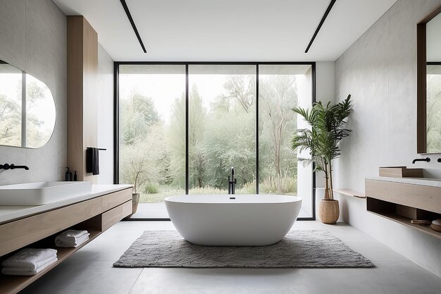 Modern bathroom with a freestanding bathtub and sleek minimalist fixtures