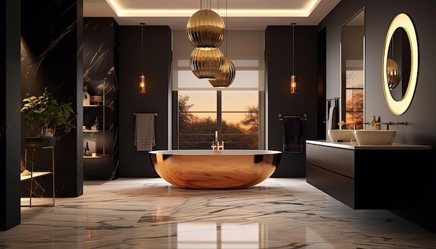 Photo modern bathroom with a gold bathroom vanities and mirror