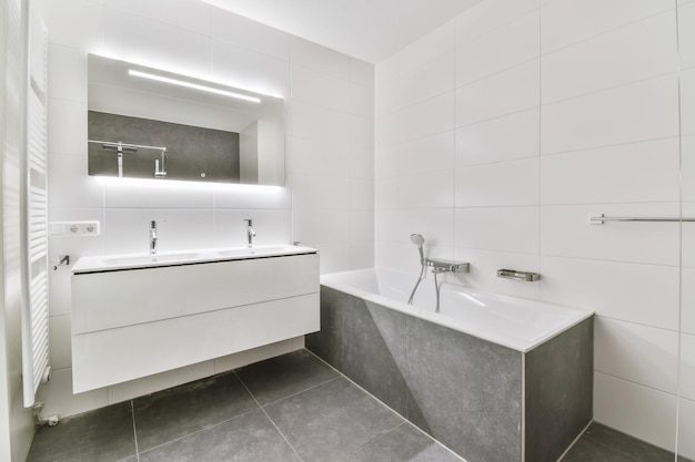 Modern bathroom with gray tiled floor