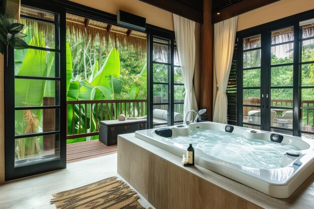 Photo modern bathroom with jacuzzi panoramic windows and views of the tropics