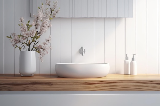 Modern bathroom with a minimalist sink and a vase of fresh flowers Generative AI