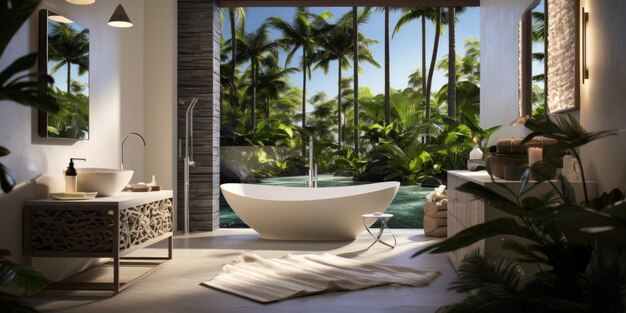 Modern bathroom with palm and tropical views High quality photo Generative AI