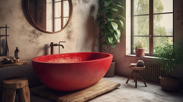 Modern bathroom with a red bathtub Created with generative AI technology