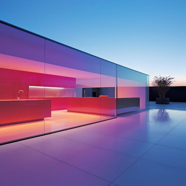 A modern bathroom with a red wall and a sink.