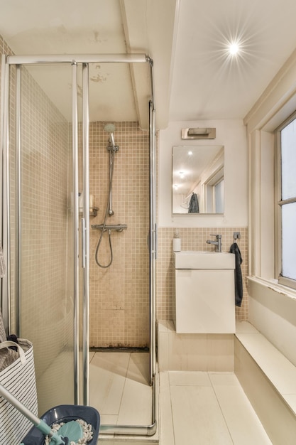 Modern bathroom with shower toilet and sink