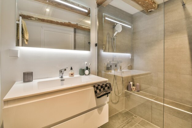 Modern bathroom with shower toilet and sink