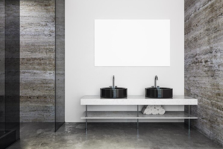 Modern bathroom with sinks and poster