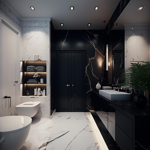 Modern bathroom with toilet washbasin and large mirror