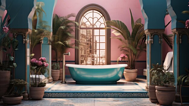 Modern Bathroom With Tub and Potted Plants