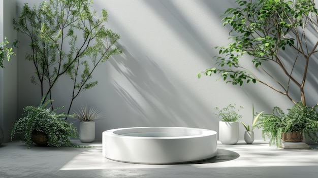 Modern bathroom with white bathtub and green plants