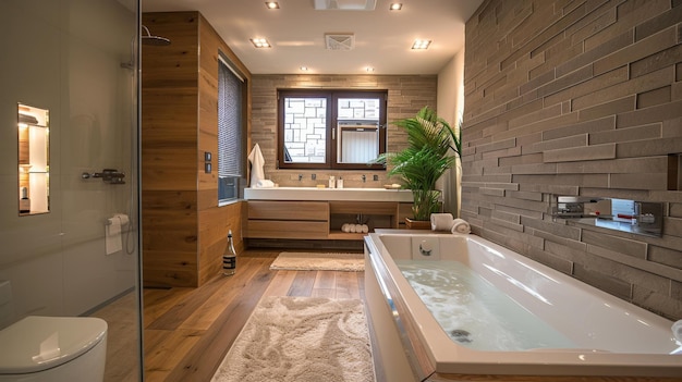 Photo modern bathroom with white bathtub and wooden walls